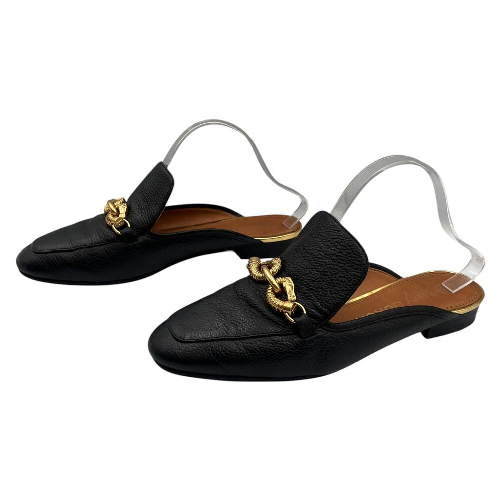 Tory Burch Jessa Chain Pebbled Leather Backless Loafers Mules Clogs Black Sz 9M